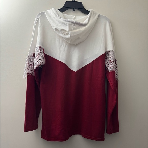 Elegant Lace Trimmed Hoodie - Red and White - Picture 3 of 3